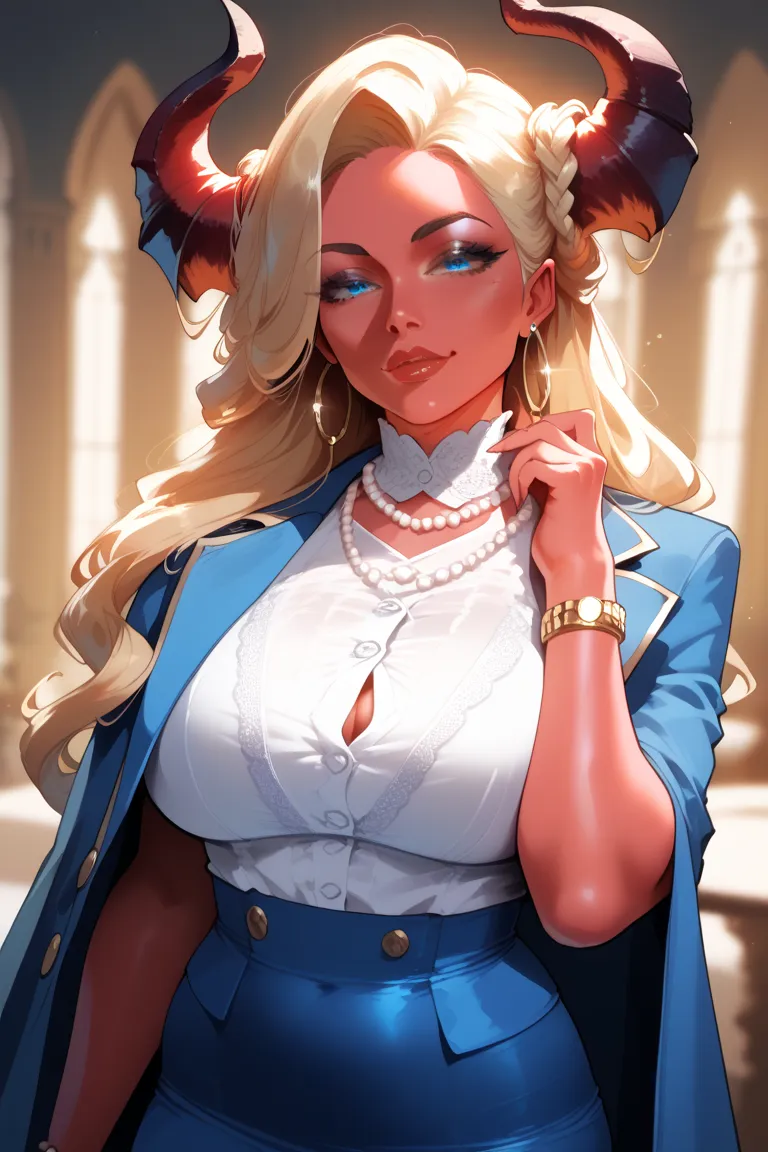 Demon woman mature sexy milf,  completely red skin , Horns, long blond hair, blue eyes, buttons wearing a white shirt, elegant blue coat, gold watch on the wrist, pearl necklace, blue hoop and skirt bracelets