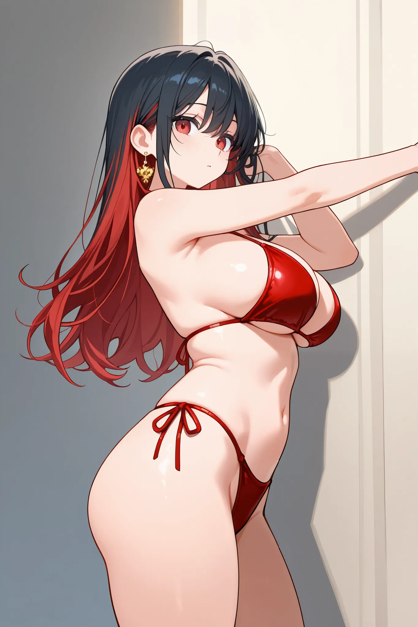 1 girl, Hair length reaches the back, Black hair with some red hair on the edges., red eyes, but not bright, curvy body, wear a sexy bikini outfit, หน้าอกไซส์ปานกลาง, have a golden earrings