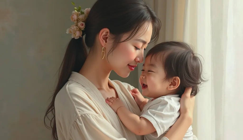 Realistic picture of an Asian woman holding a  little sister 