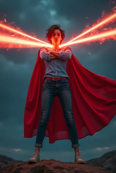 A hero in a red cape and jeans, a dark blue blouse and light-skinned sneakers, messy brown hair, shooting lasers through his eyes at night.