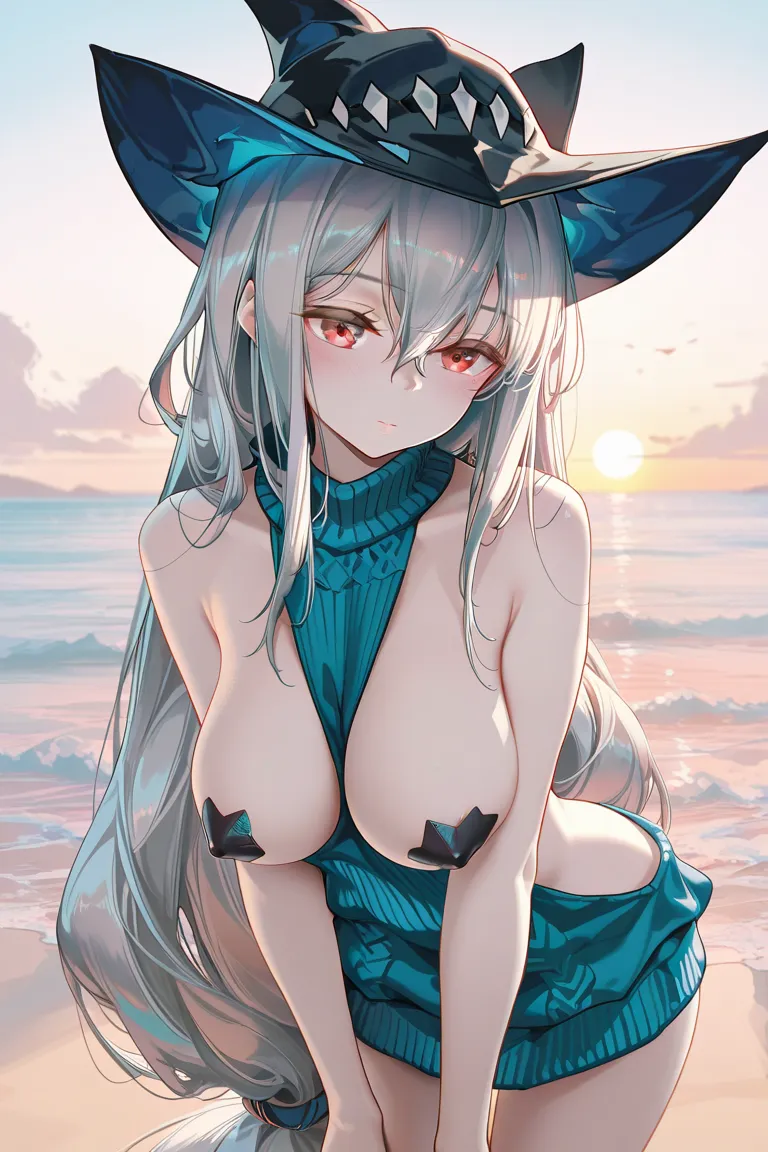 1girl, breasts, pasties, long hair, solo, red eyes, meme attire, skadi (arknights), large breasts, very long hair, leaning forward, blush, hat, hair between eyes, black headwear, virgin killer sweater, grey hair, between breasts, outdoors, sweater, bare sh...