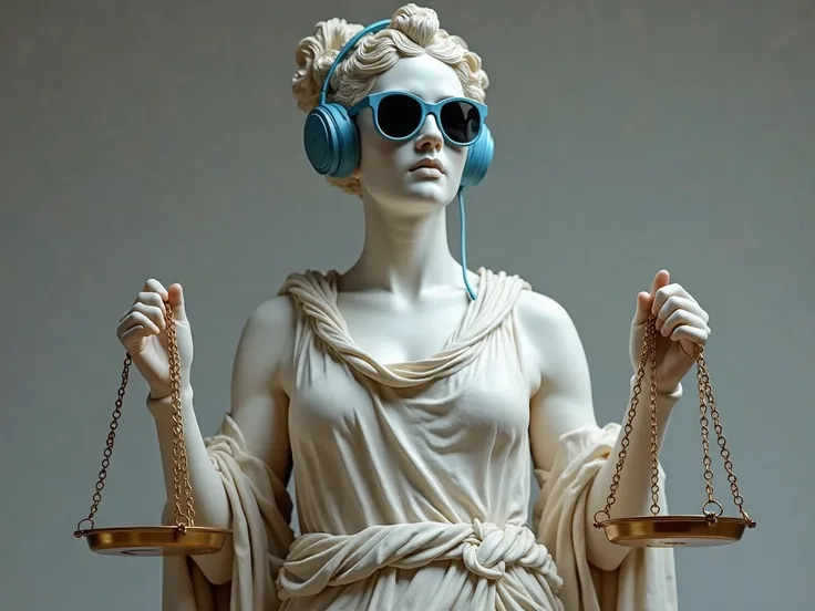 Ancient Greek sculpture of Athena wearing sunglasses and light blue headphones, holding a scale in each hand, high resolution, correct details, hyper-realistic details, natural lighting, hyper-realistic skin texture