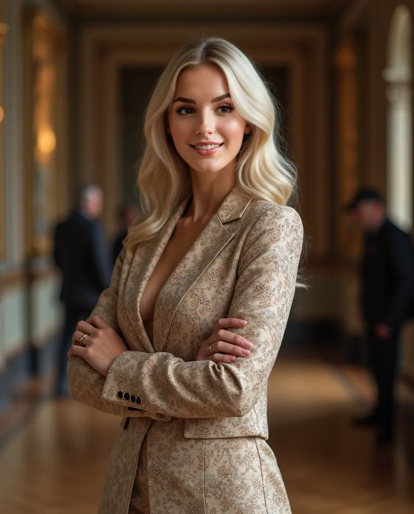 (realistic woman, realistic photography) A rich woman, in a museum, she is wearing makeup defining her face, light blonde hair, posing for the camera naturally, showing off her full body, slim with curves, with an elegant, fit outfit, she exudes happiness ...