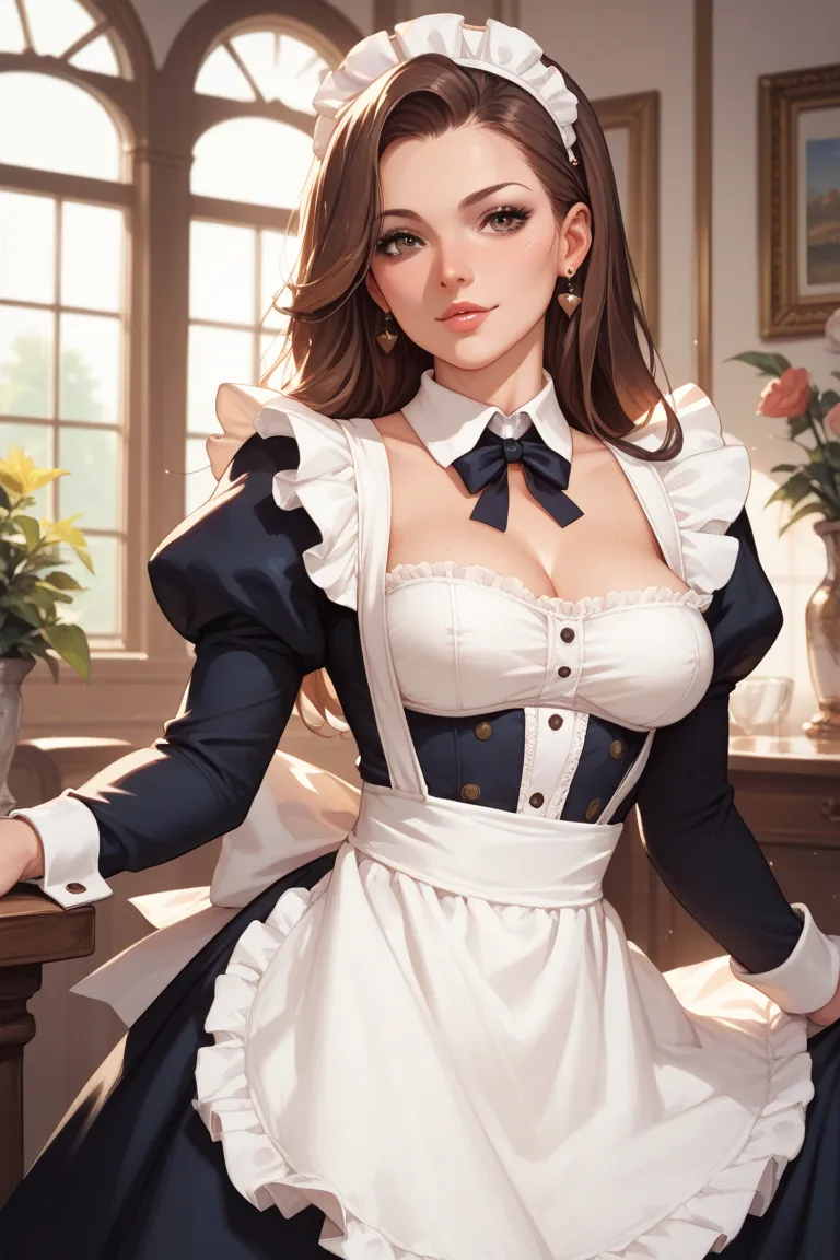  a woman 20 years old, long brown hair, With maid clothes from the 90s, sexy sensual 