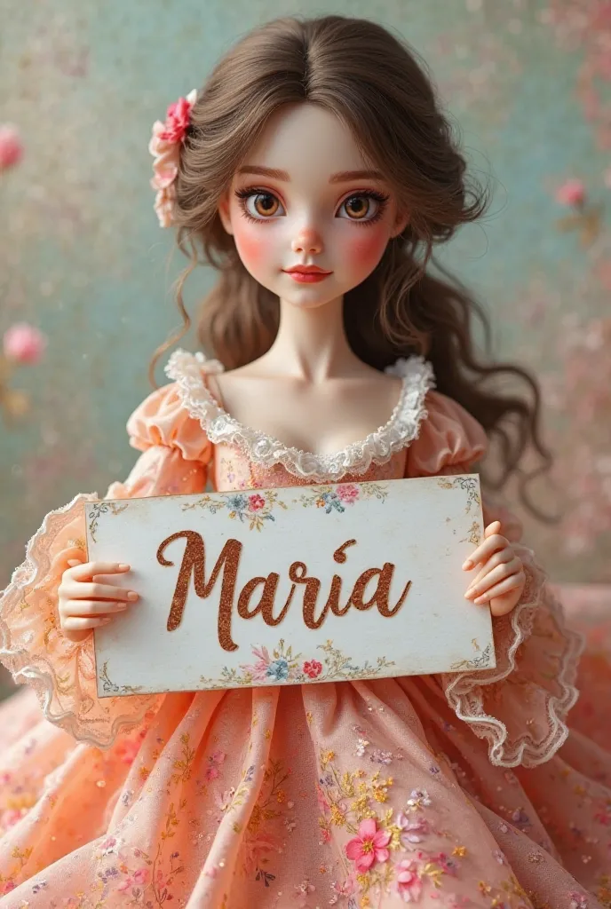 Beautiful doll celebrating Women's Day with a sign with the name of María 