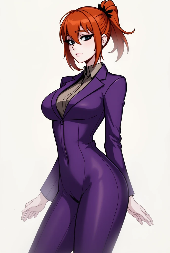 Skinny woman with big boobs, she wears a tight purple suit and her ginger hair tied up, She has black eyes and pale skin 