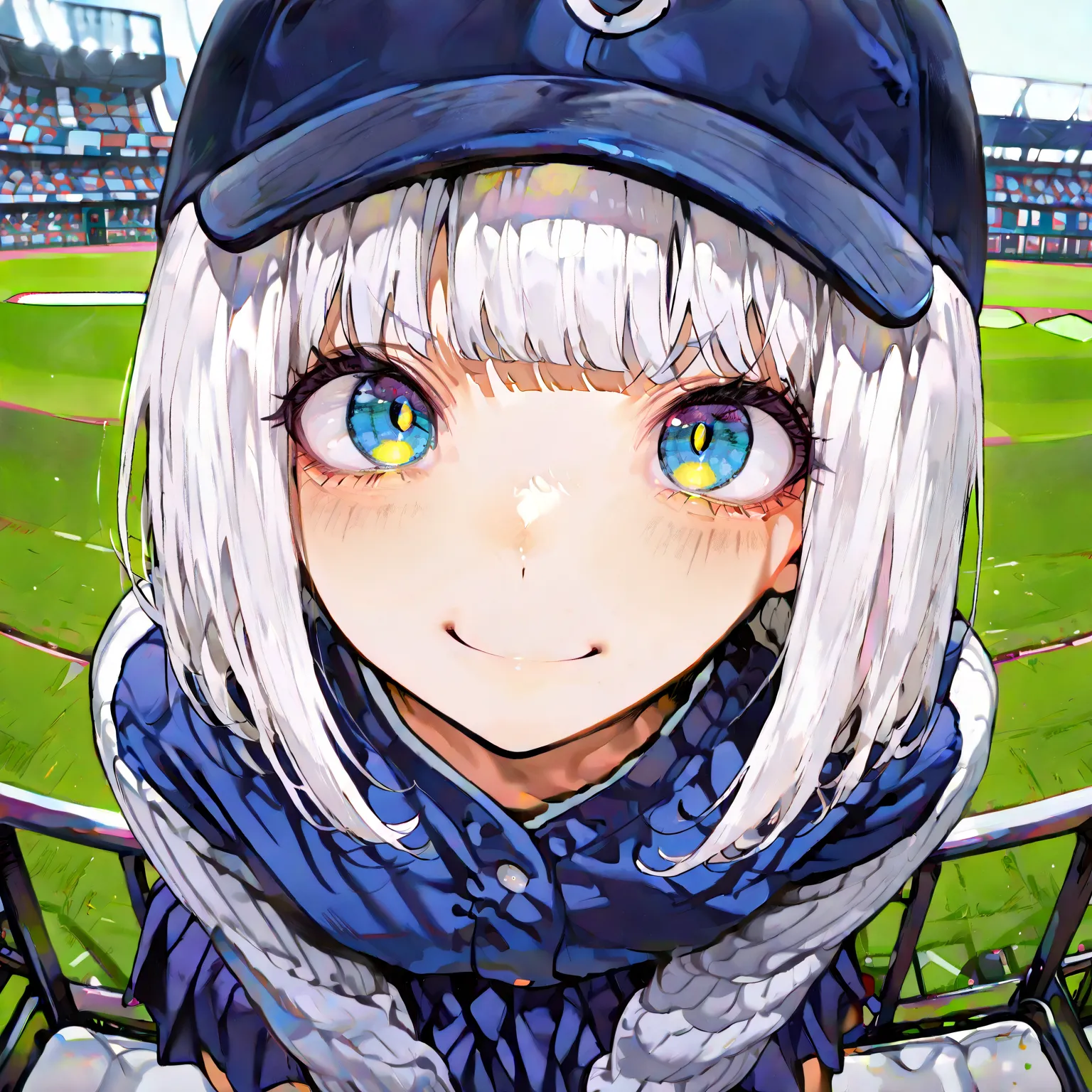 (2 girls), (Top Quality), masterpiece,  aosiai123 ,  Bright Eyes ,   very big eyes, eye focus,Character focus, well-groomed face, textured skin, Sleeves Over Wrist, ((Baseball stadium spectator seats)), Supporting, white and blue skirt, viewers, Blue baseb...