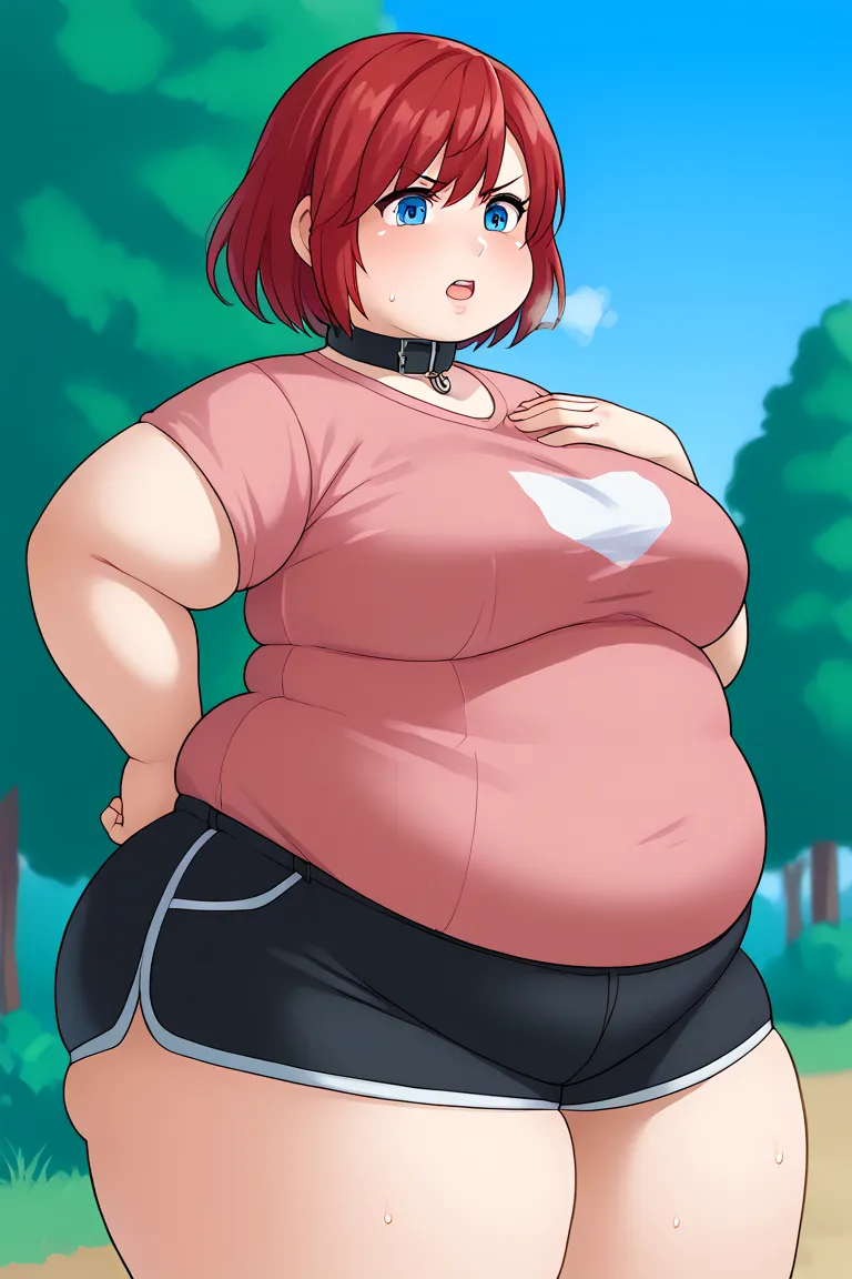 score_9, score_8_arriba,   source  _anime, highly detailed, 1 girl, Alone ,
, 1 girl(big fat body), Alone , blue eyes, joyería, , collar, short hair, red hair, pink t-shirt,  short black shorts,  half body,
exterior, hand on the hip,  out of breath , sweat...