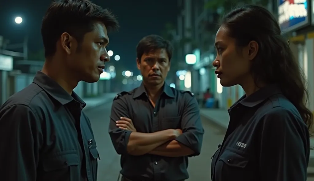 ultra-realistic dramatic scene in Jakarta, Indonesia, depicting the corrupt officers’ attempt to extort Siti Rahma. Hendra’s lips curl into a sly smile as he offers her a "way out." Agus stands beside him, arms crossed, exuding silent intimidation. Siti’s ...