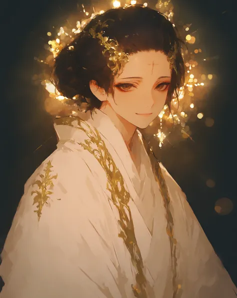 best quality, masterpiece, 748cmstyle, 1boy, looking at viewer, brown eyes, closed mouth, light smile, Fox-like expression, black bun, show forehead, white kimono, green and orange decoration, gold decoration, jewelry, luxurious colors, little white light,...