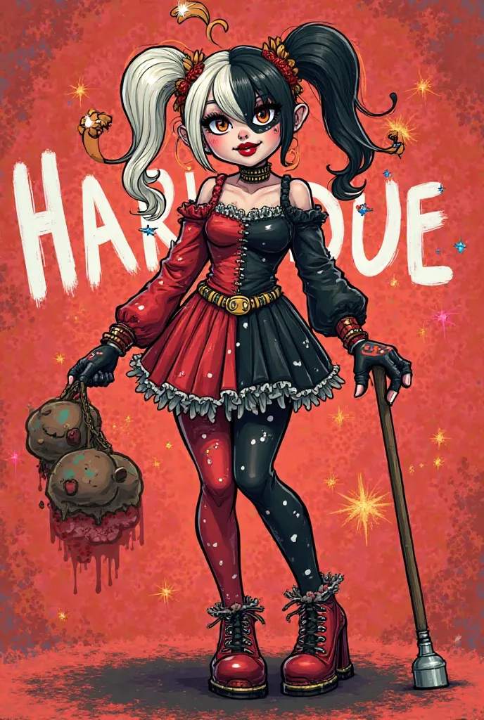 {
  "prompt": "An energetic and vibrant female avatar inspired by Harlequin, with a playful and rebellious personality. She has a bold and colorful appearance with bright red and black tones, a mix of quirky patterns, and a hint of craziness in her smile. ...