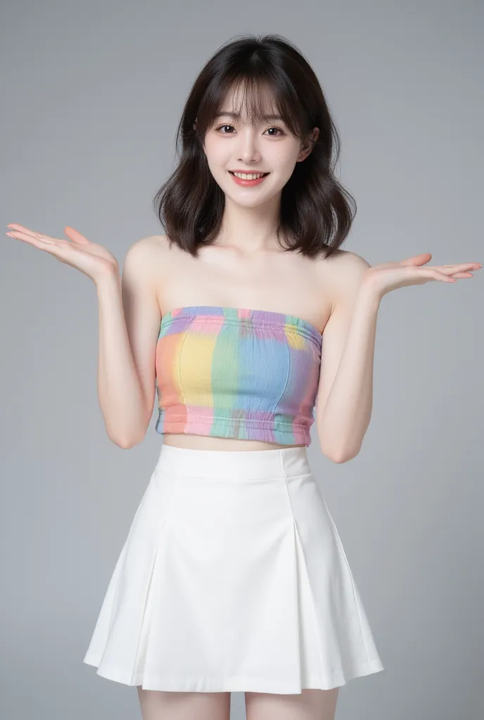 A very cute  wearing a colorful tube top and a short white skirt, smiling brightly, spreading her arms open to show her hands beautifully, like she was surprised, beautiful and proportionate, with a small mouth and a small nose.