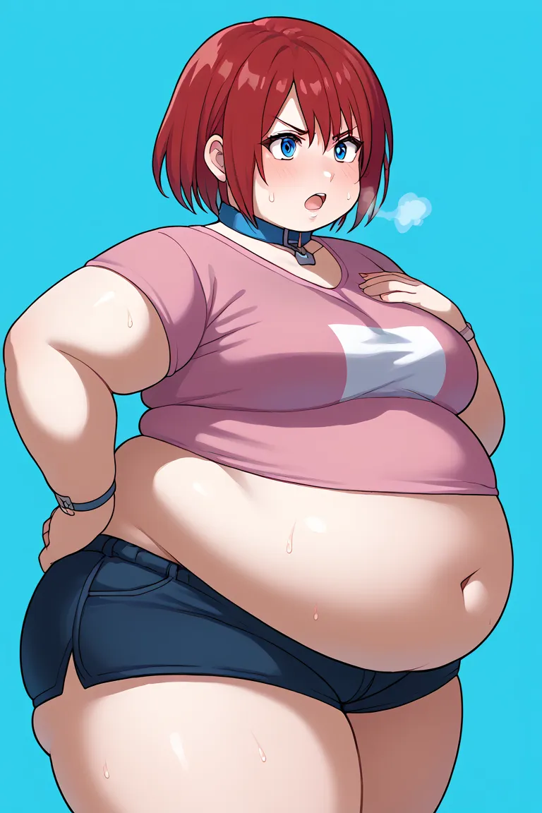 score_9, score_8_arriba,   source  _anime, highly detailed, 1 girl, Alone ,
, 1 girl(big fat body), big belly, Alone , blue eyes, joyería, , collar, short hair, red hair, pink t-shirt,  short black shorts,  half body,
exterior, hand on the hip,  out of bre...