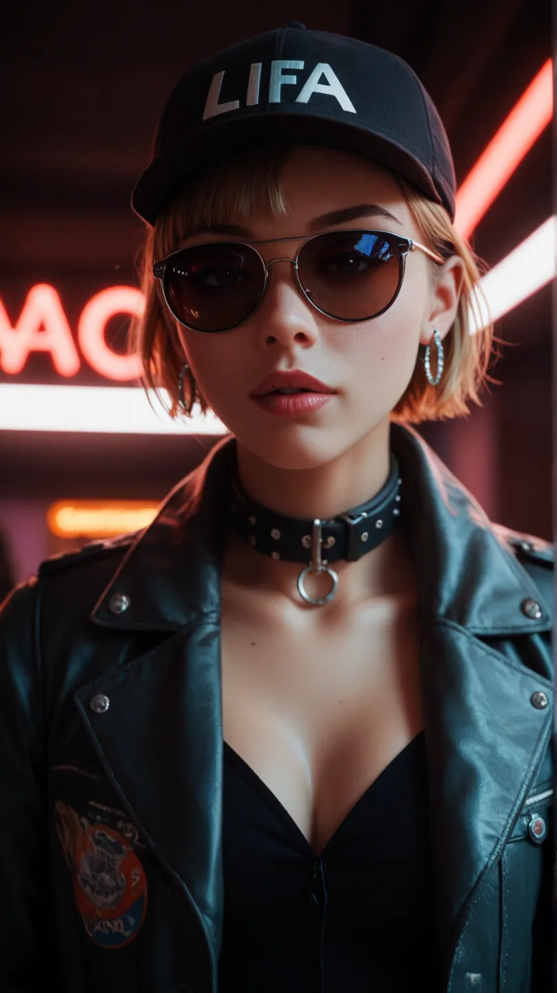 close-up of the face, Alternative girl, looking over black sunglasses,  jacket, collar,  neon light reflections on the skin, earring, make-up, imperfections in the skin, short hair, cap, neon light background , low light, depth of field, highly detailed, H...