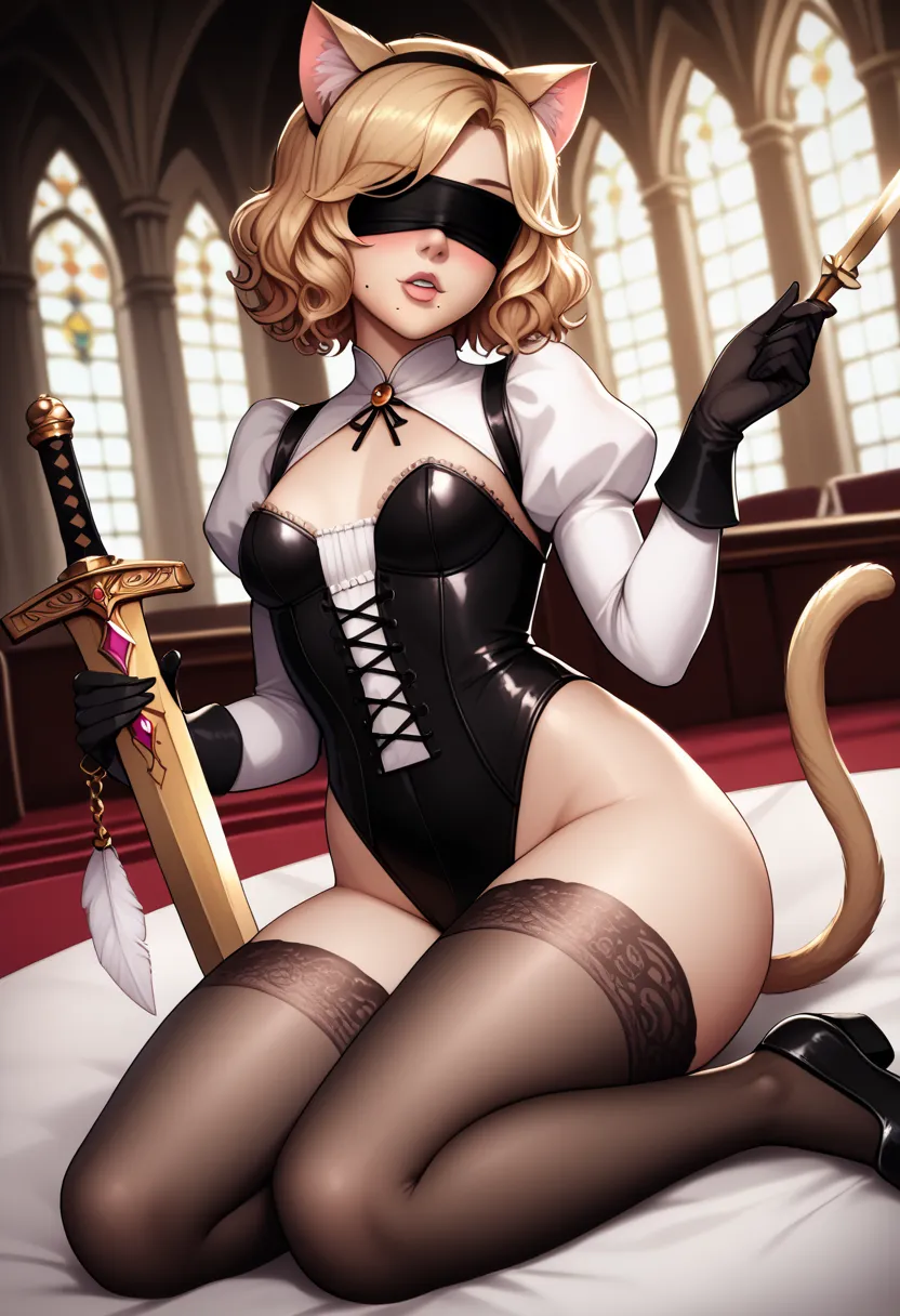 core_9, score_8_up, score_7_up, score_6_up, masterpiece, high quality, (best quality: 1.1), realistic, 1 girl, short wavy hair, white golden hair, mole, mole under mouth, dark blindfold, covered eyes, dark blindfold, dark lace gloves, long sleeves, dark le...