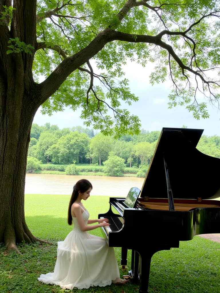 Beautiful woman sitting at the piano under a tree near the river