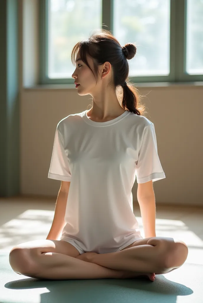 Professional photo shoot of a beautiful woman using natural light、A cute 16-year-old Japanese man with brown hair wears short-sleeved white gym clothes and tight shorts for students at the gymnasium and stretches by spreading his legs on a mat、