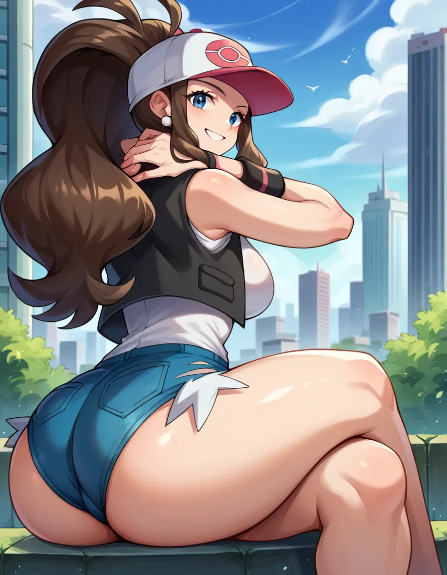 pokemonhilda, pokemonhilda, blue eyes, brown hair, long hair, ponytail, smile,
baseball cap, booty shorts, hat, vest, wristband, sleeveless, black vest, white shirt, shirt,
outdoors, cityscape,
looking at viewer, crossed legs, shirt tucked in, pearl neckla...