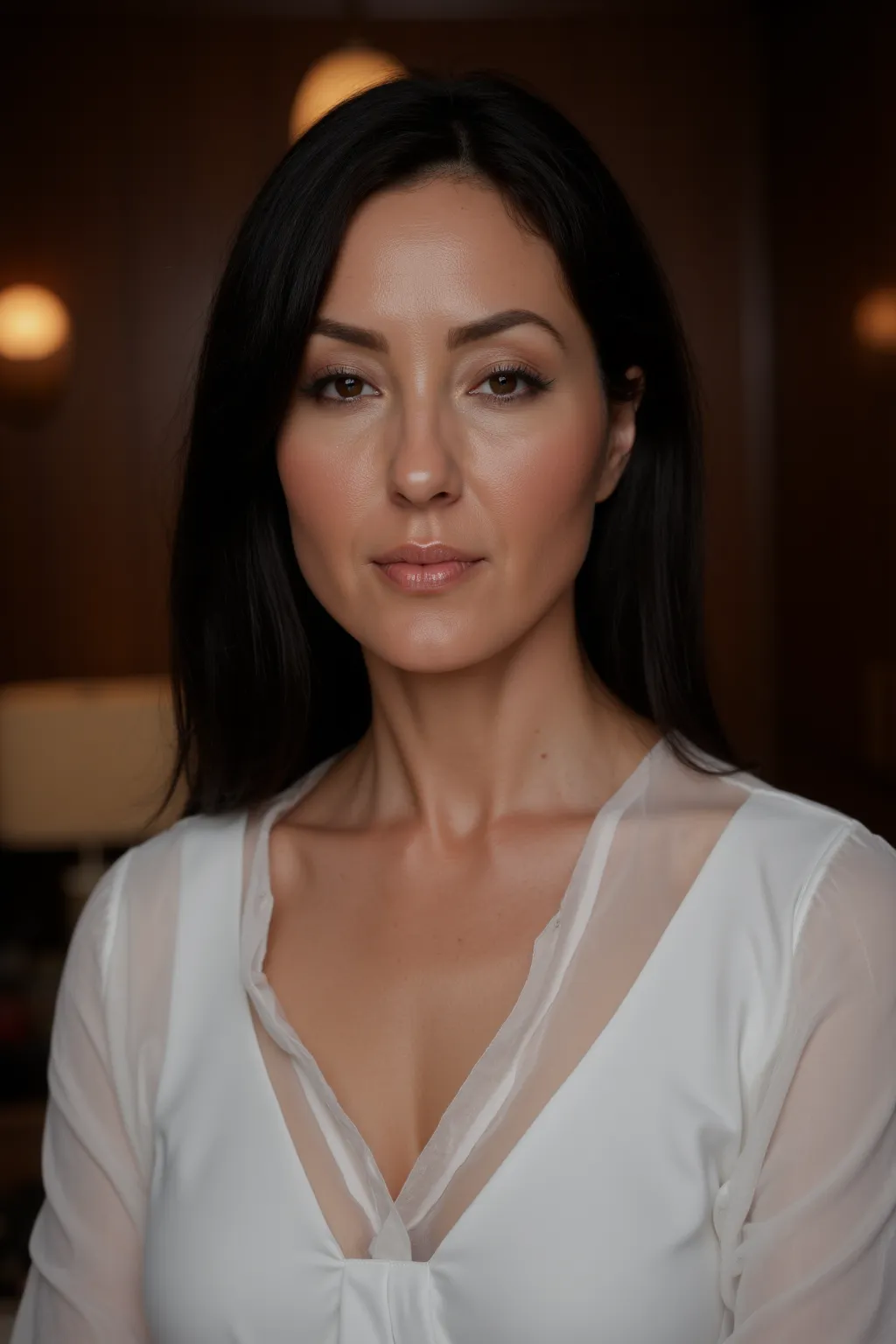 47 year old woman,white blouse low neckline,173cm,white skin,long black hair,brown eyes,talking to 1,detailed portrait,professional portrait photography,high quality,high resolution,ultra-detailed,photorealistic,natural lighting,shallow depth of field,warm...