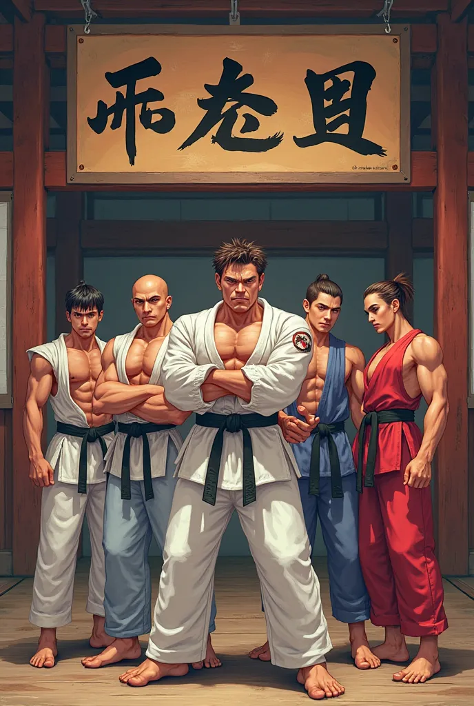 Generate an image of all the Street Fighter karatecos, Ken, Ryu (At the center), Gouken, akuma, Gotetsu, and, sakura, Sean, together inside a dojo with a sign written Street Fighter in Japanese ideogram, as if they were posing for a photo.