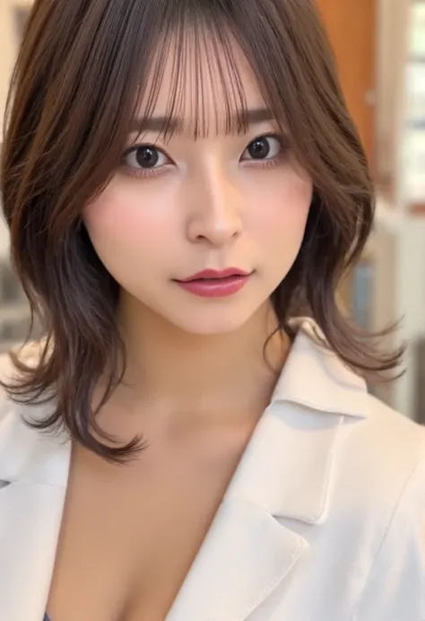 
（best image quality））、（（ superlative cuteness ））、Almond-shaped eyes 、Double、 small nose、 thin lips、Neat contour、Xiaoyan、 smooth white skin、 shiny brown hair 、（has hair wrapped）、sitting on the back with her bangs raised、 wavy hair、blue tie、shirt、upper body...