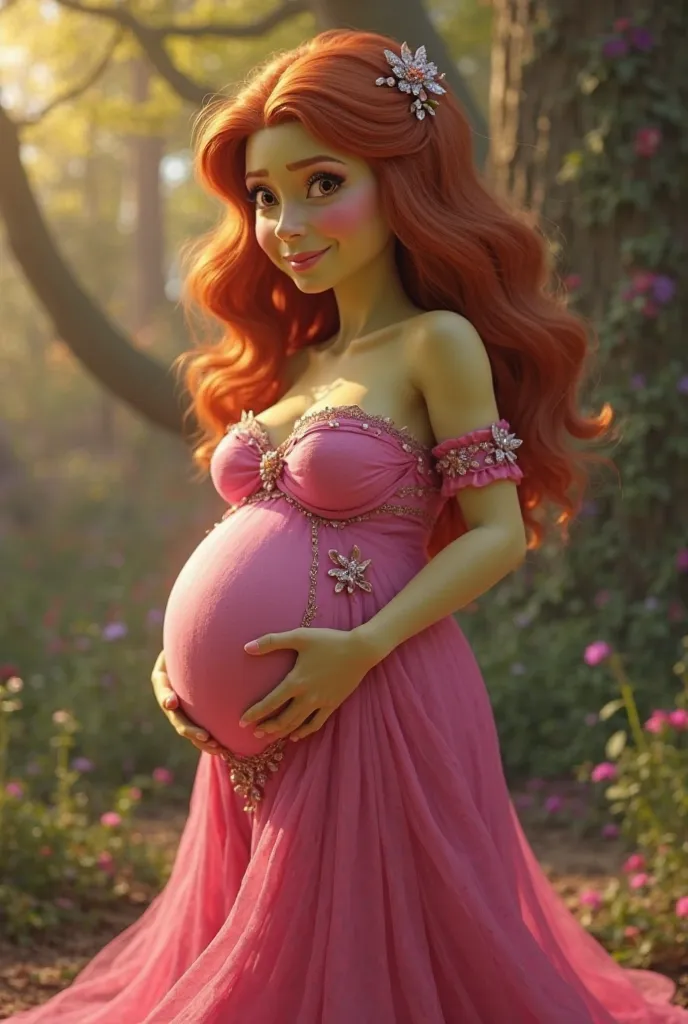 Pregnant Fiona in a pink dress 
