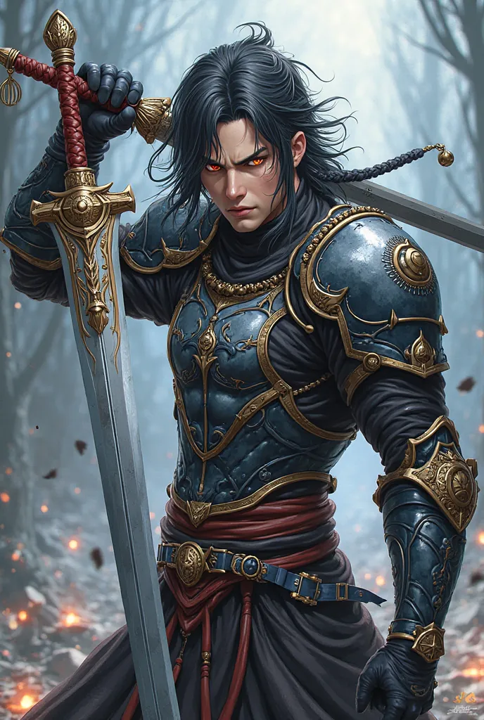 anime guy with hair down to his chin, wearing braided armor and holding a sword 