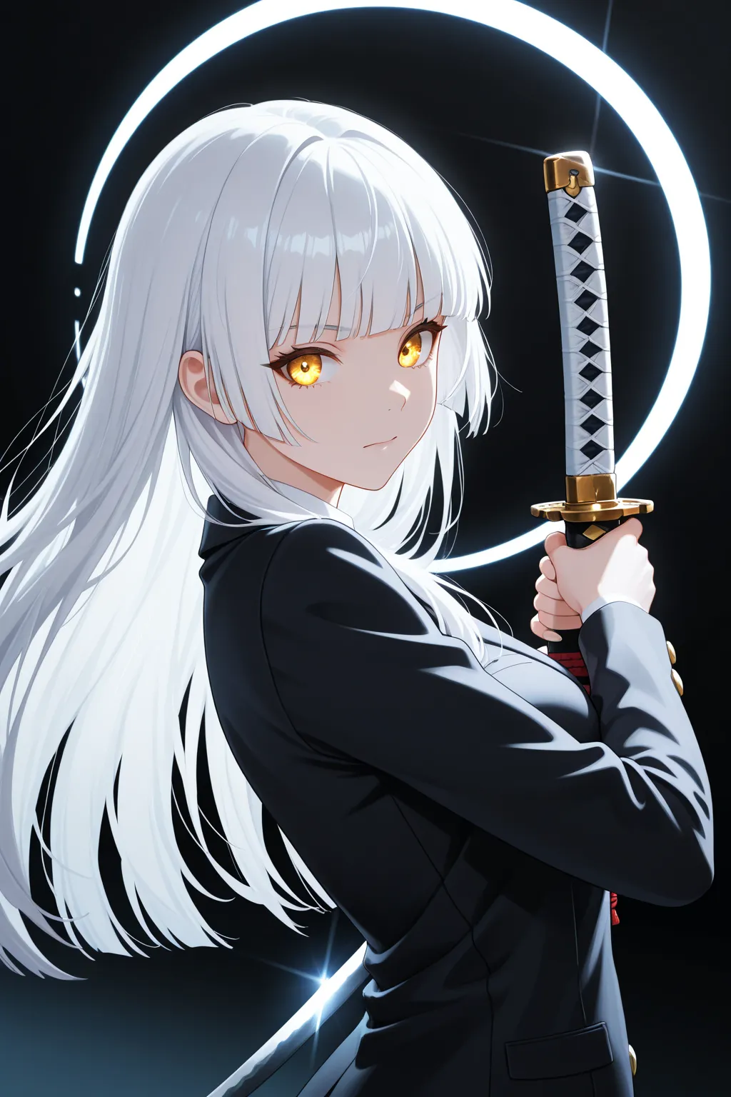 masterpiece, top quality, feet, focus on the character, classroom, side angle, upper body, hime cut, long hair, white hair, cybernetic, golden eyes, I have Katana, pose while wielding Katana, dynamic angle, focus on the face,  Viewers ,  Backlight, round b...