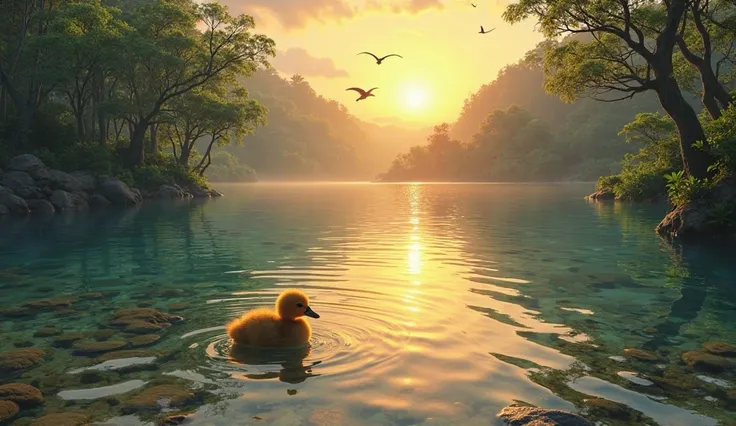 *"A breathtaking jungle scene with a crystal-clear lake reflecting the golden hues of the setting sun. A small, fluffy duckling happily swims near the shore, unaware of the lurking danger beneath the water. The atmosphere is peaceful, with soft ripples on ...