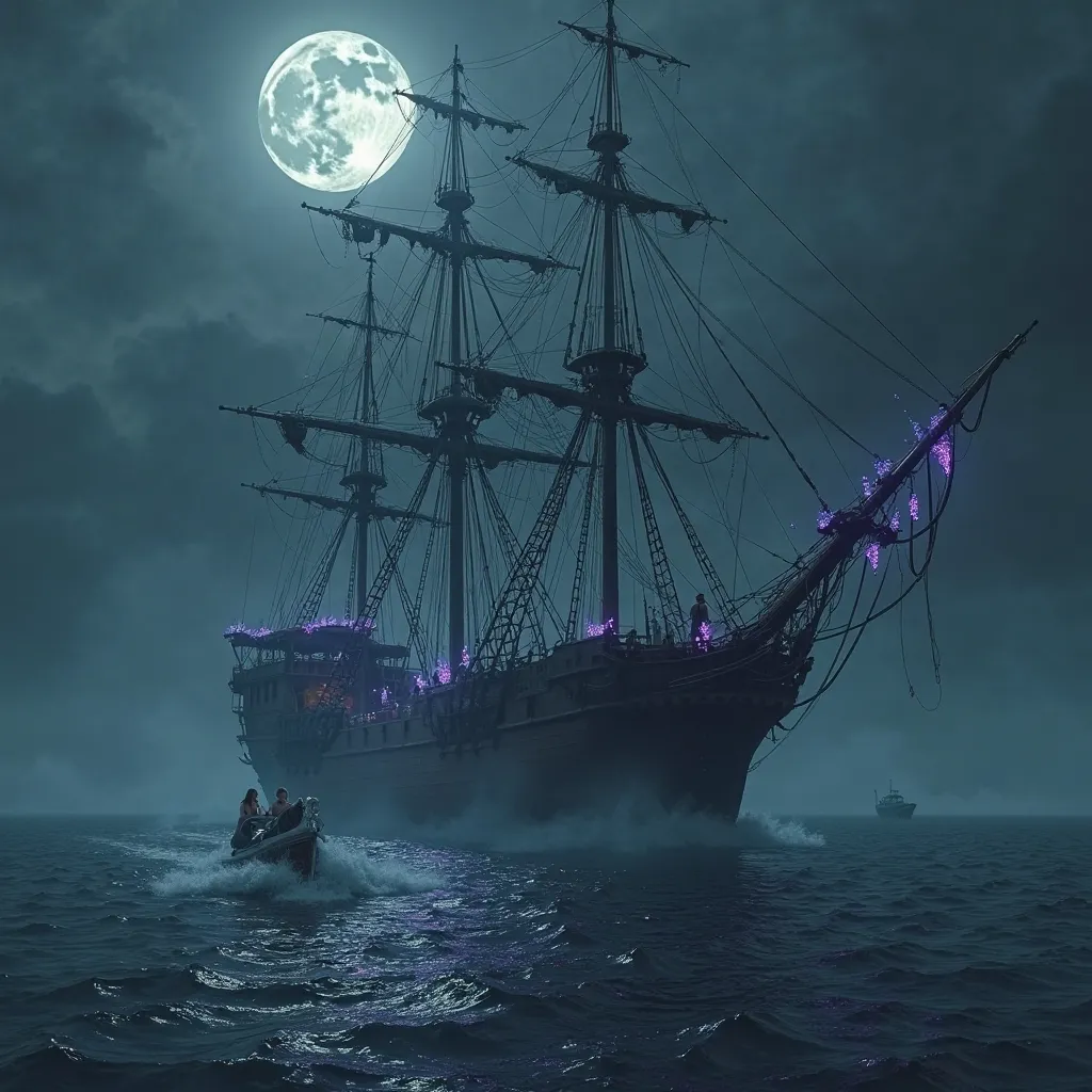 Ghost ship also shows sailing in the sea at night being revealed by the light of the full moon. This ship is manned by ghosts sexy women with purple eyes. It can be seen that the ship is as big as a stone, but deteriorated by time with broken sails, and da...