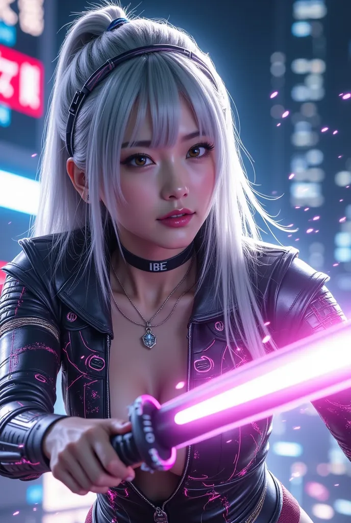 dynamic action scene with sparks dancing。cyber A futuristic female warrior who combines punk and Japanese styles、Ready for battle with a cool expression。skyscrapers in a neon city、wears cybernetic accessories with long silver hair and {x} suits are embedde...