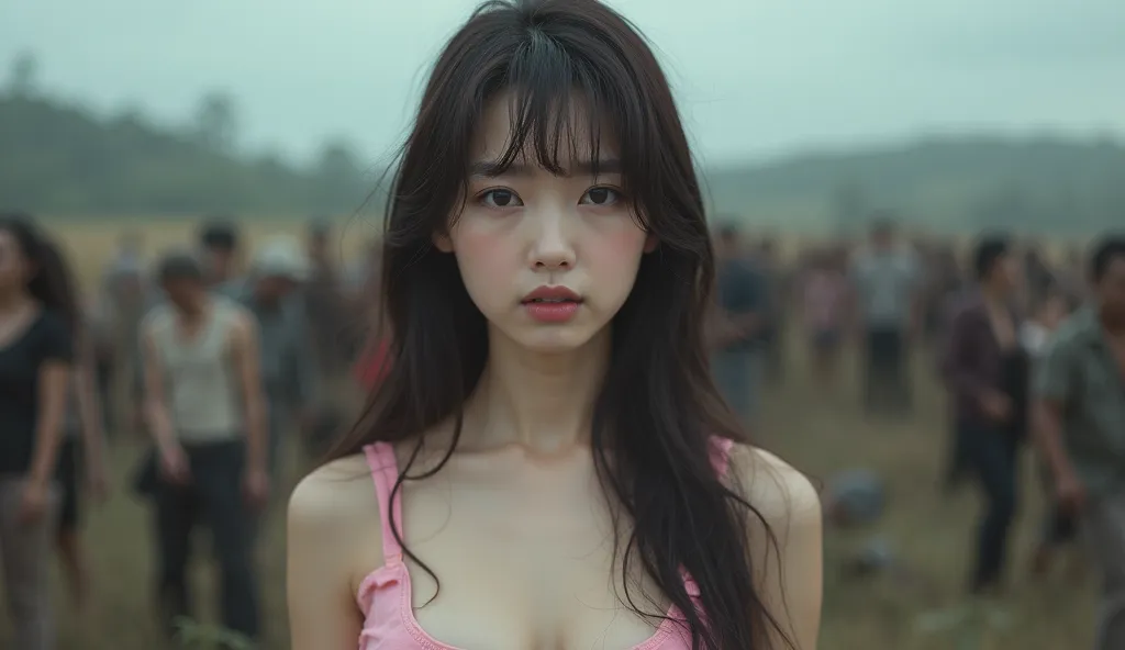 "K-pop style women&#39;Realistic images、   Korean beauty   , Highly realistic 8k photo,asian korean girl,  long hair with bangs , Wearing an pink tanktop cleavage , outdoors full Zombie died, sad