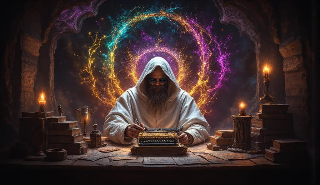 

A solitary monk, cloaked in a white robe, diligently writes in an ancient tome at a wooden table adorned with various inkwells and a vintage typewriter. The backdrop is framed by a series of occult colorfull symbols and inscriptions that convey an air of...