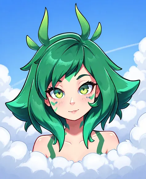 *"An anime-style portrait of Neeko from League of Legends against a bright blue sky background with some fluffy clouds.  her hair is short,  bulky and slightly messy , with pointed and green locks with vibrant luminous reflections. His chameleonic ears are...