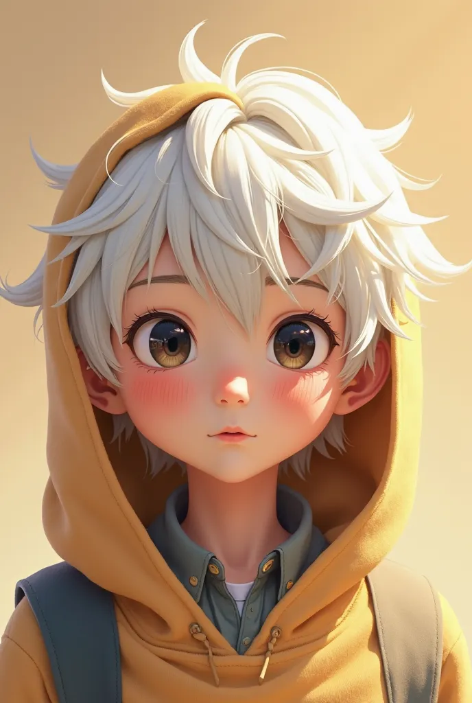 White hair, Real black eyes, 2D, animation,  high school students, boy, Covered head,  innocent,  cute