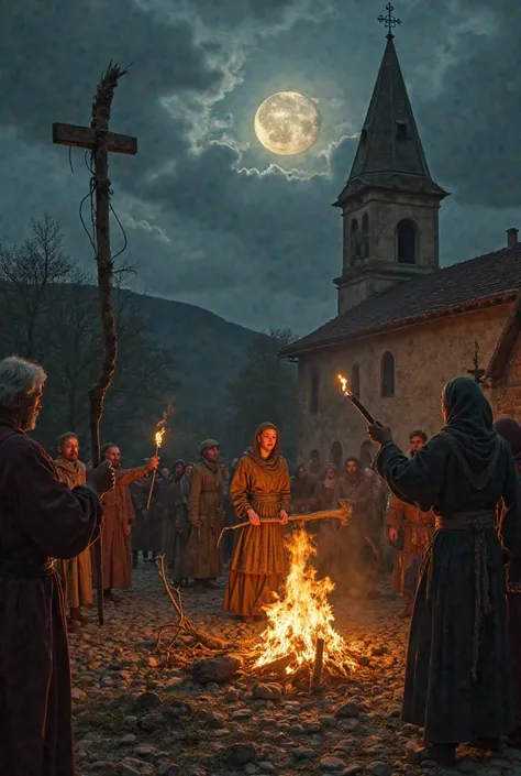 A woman tied to a log being accused of witchcraft and being burned at the stake at the top of faith, In the 16th century at the time of the Inquisition, around angry people holding pauses and rocks and torches, an inquisitor priest next door holding a cros...