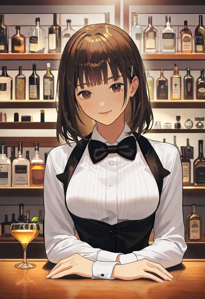   beautiful female bartender、Calm Atmosphere、bow tie、