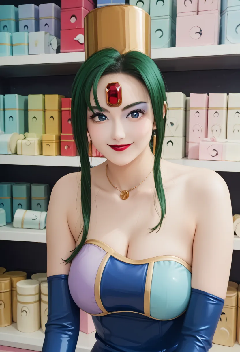 score_9,score_8_up  ,score_7_up  ,very beautiful lady:5.0,    Masterpiece,    Hi-Res,   raw photo, , realistic photo ,anime style,1 girl, , slim ,heavy makeup ,   green hair,  white skin , Red gem on forehead, ,  red lipstick,   eyeshadow , very huge breas...