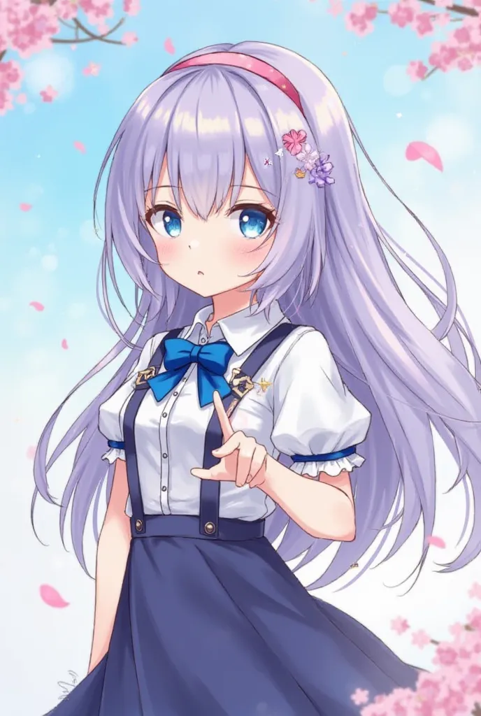 1girl, solo, long hair, blue eyes, short sleeves, looking at viewer, puffy sleeves, suspenders, skirt, flower, shirt, pink flower, blue skirt, bow, blush stickers, hairband, bowtie, puffy short sleeves, blue bow, suspender skirt, upper body, purple hair, b...