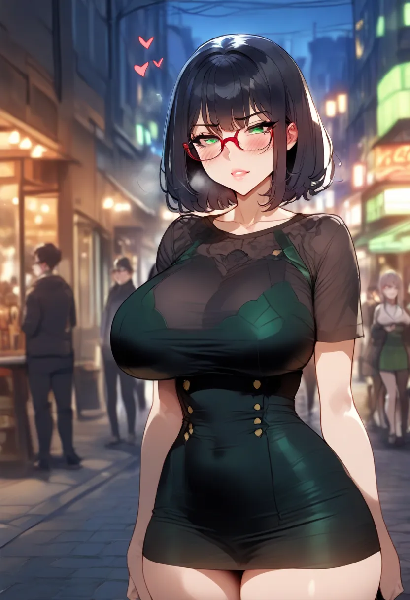 sexy green-eyed woman wearing glasses with heart-shaped pupules, short black hair , huge bust , Small height, JK dress with miniskirt , sexy expression licking her lips blushed, street background , Night time 