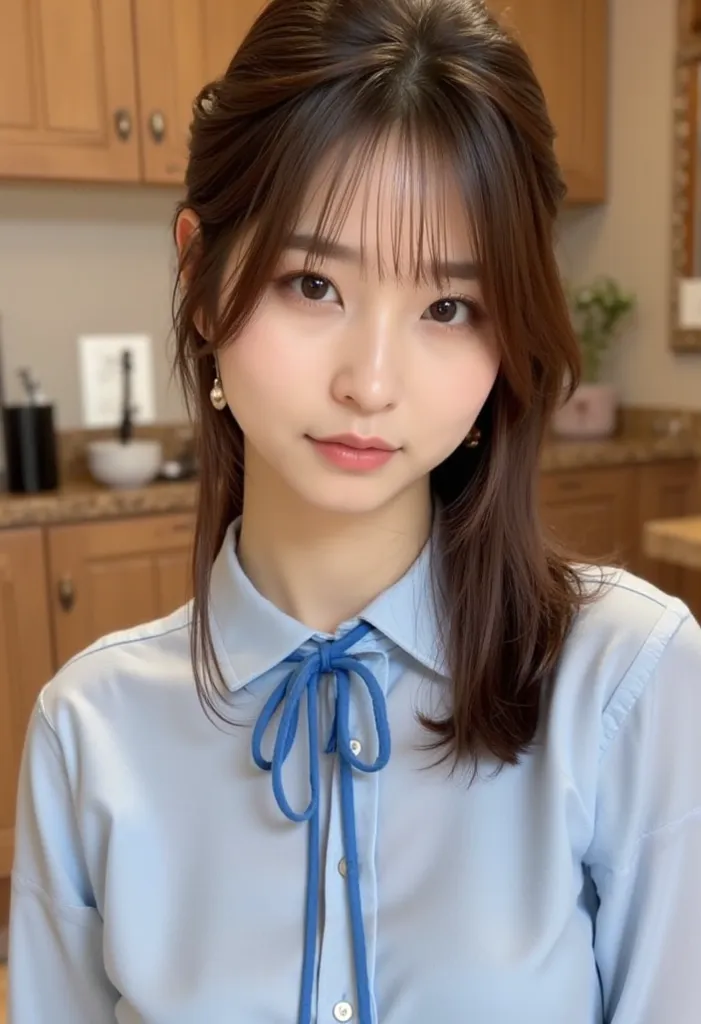 
（best image quality））、（（ superlative cuteness ））、Almond-shaped eyes 、Double、 small nose、 thin lips、Neat contour、Xiaoyan、 smooth white skin、 shiny brown hair 、（has hair wrapped）、sitting on the back with her bangs raised、 wavy hair、blue tie、shirt、upper body...