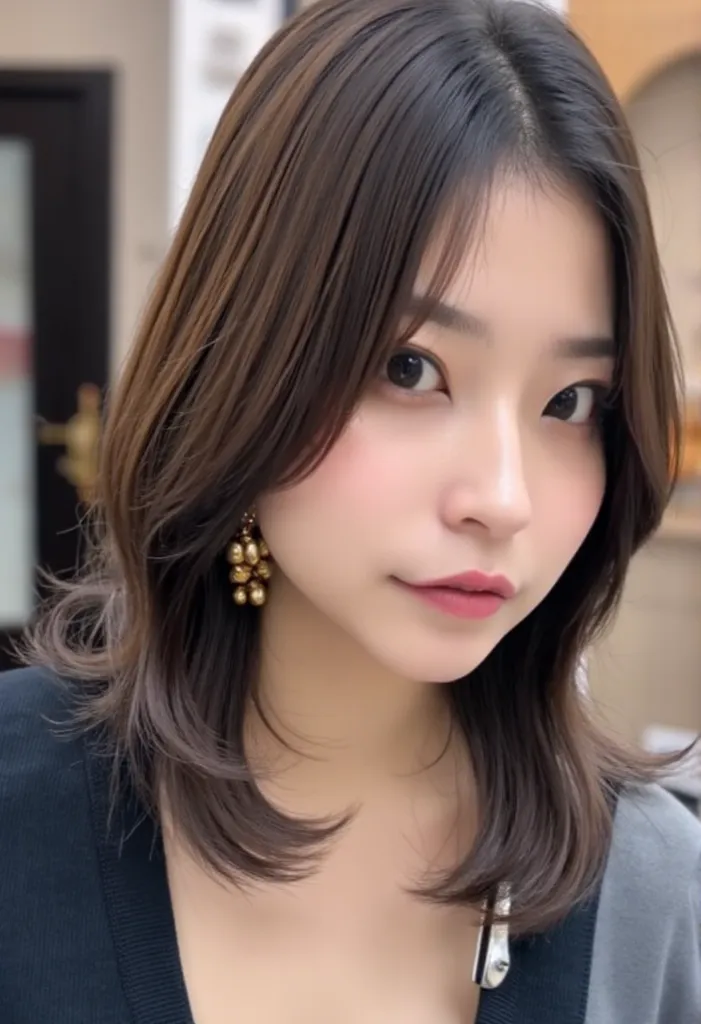 
（best image quality））、（（ superlative cuteness ））、Almond-shaped eyes 、Double、 small nose、 thin lips、Neat contour、Xiaoyan、 smooth white skin、 shiny brown hair 、（has hair wrapped）、sitting on the back with her bangs raised、 wavy hair、blue tie、shirt、upper body...