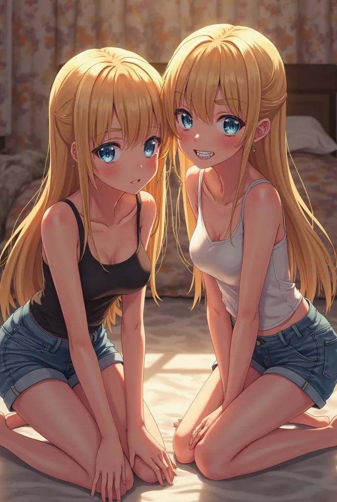 A group of cute gorgeous young girls kneeling on the floor of a bedroom looking up at you. They have blond hair and blue eyes, and braces. They are wearing short jean shorts. They have beautiful legs 