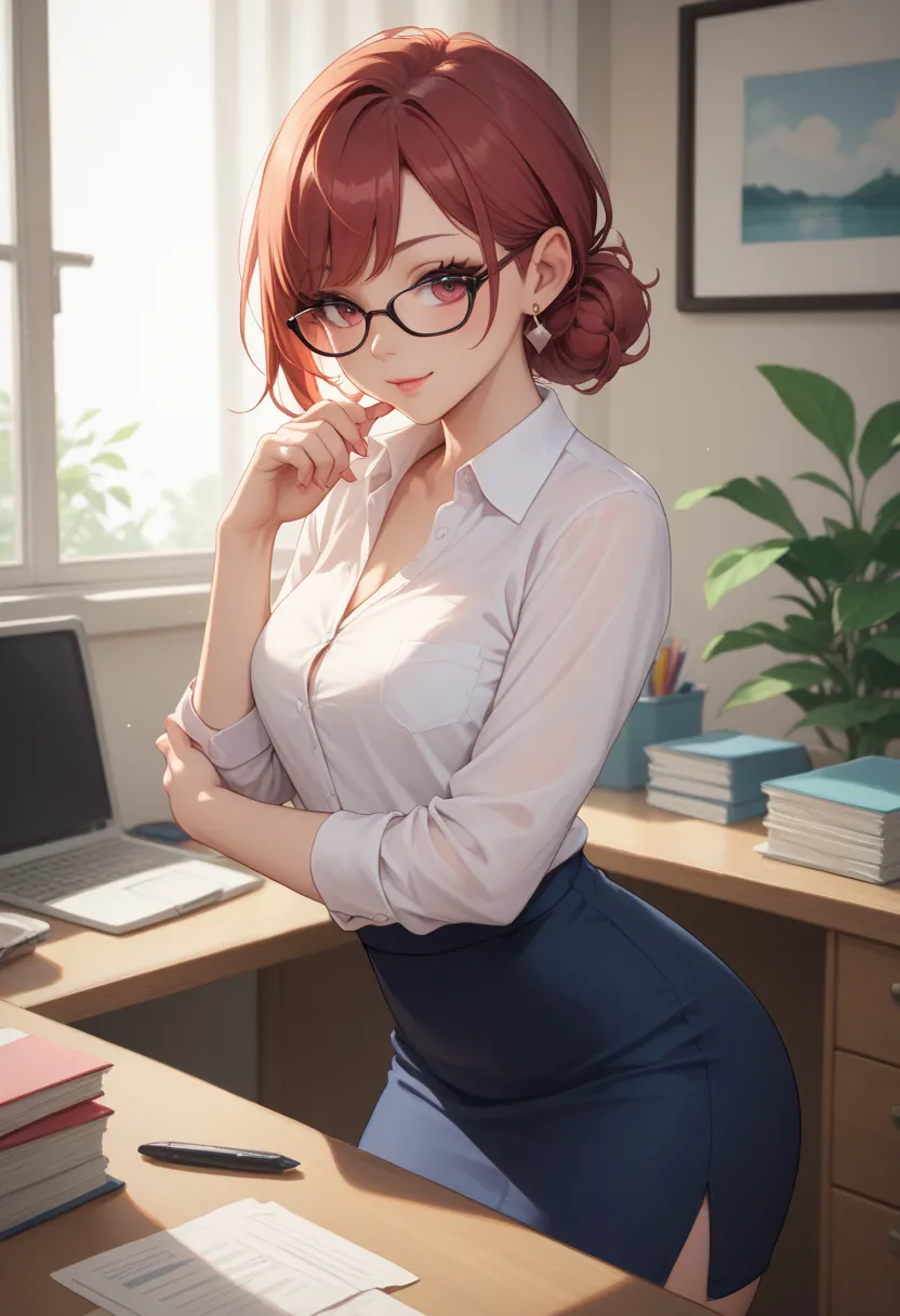 Pretty and cute with long lace, she's at home totally naked,with office clothes wearing glasses