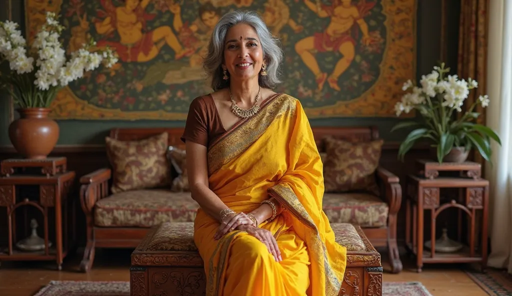 This image features an elegant Indrani gandhi ji seated on a wooden chest with intricate inlay work. She is wearing a striking yellow saree with a brown blouse, and she has a composed and gentle smile. Her salt-and-pepper hair is neatly styled, and her poi...