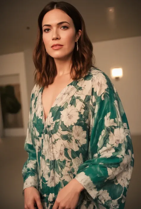 best quality, highres, 8k, masterpiece, photography, detailed midbody photorealistic portrait. Mandy Moore channels Japanese royalty in a jade green silk kimono-inspired lingerie set with intricate golden crane embroidery, a wrap-around obi belt, and a flo...