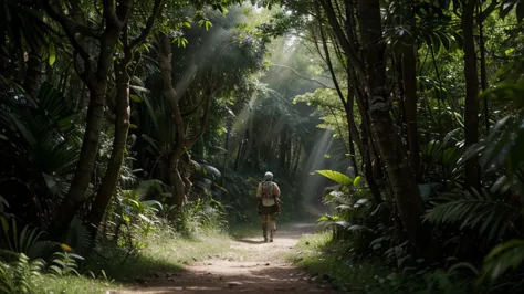 The adventurer, equipped with a map and a compass, enters the dense jungle. The sun filters through the thick canopy, casting dappled shadows on the forest floor. Birds and insects create a symphony of sounds as the adventurer navigates through the lush gr...