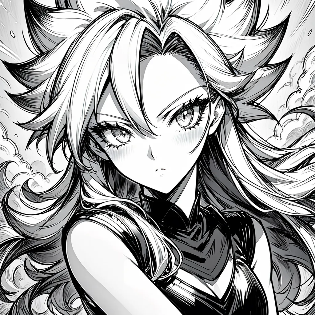 a drawing of a woman with long hair and a black blouse,  black and white manga style , extremely detailed artgerm, android 21 , artgerm style,  Detailed art of anime character ,  detailed manga style , chica saiyan,  clean and detailed anime style ,  anime...