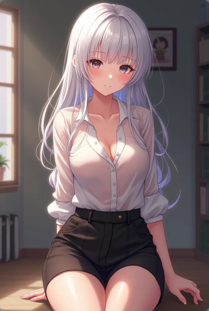 an anime girl, small breasts. white hair, . translucent shirt .  short black skirt. without underwear.,  slightly raised , legs spread.