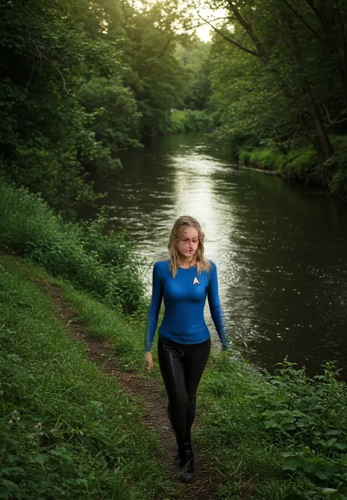 woman sara wearing blue Star Trek SNW uniform wet. muddy hair, muddy clothes